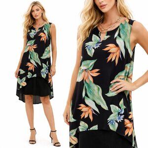 Amanda Black Floral Midi Dress size medium Relax Fit Vacation Resort wear Chic